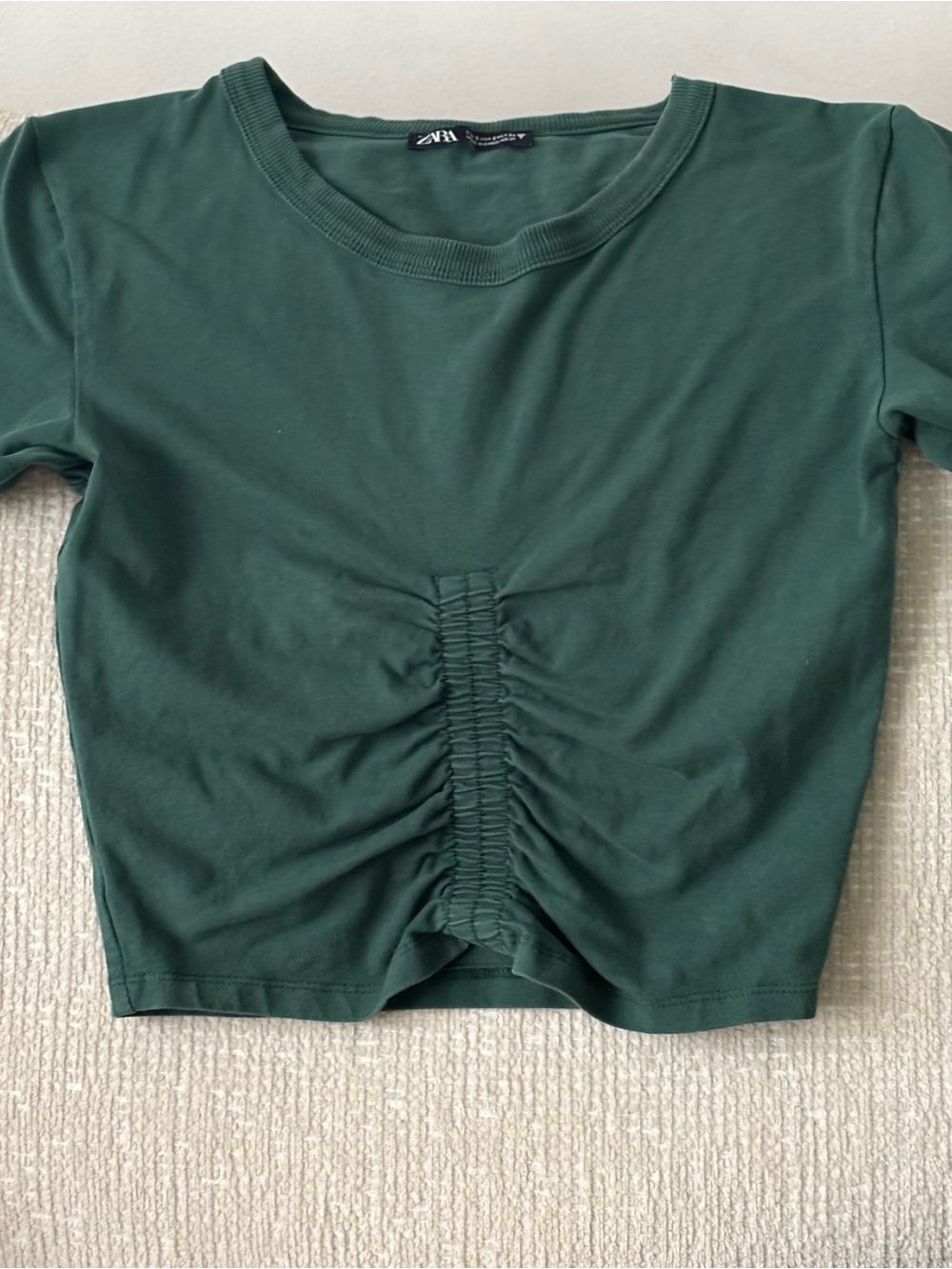 ZARA Dark Green Ruched Center Crop Tee